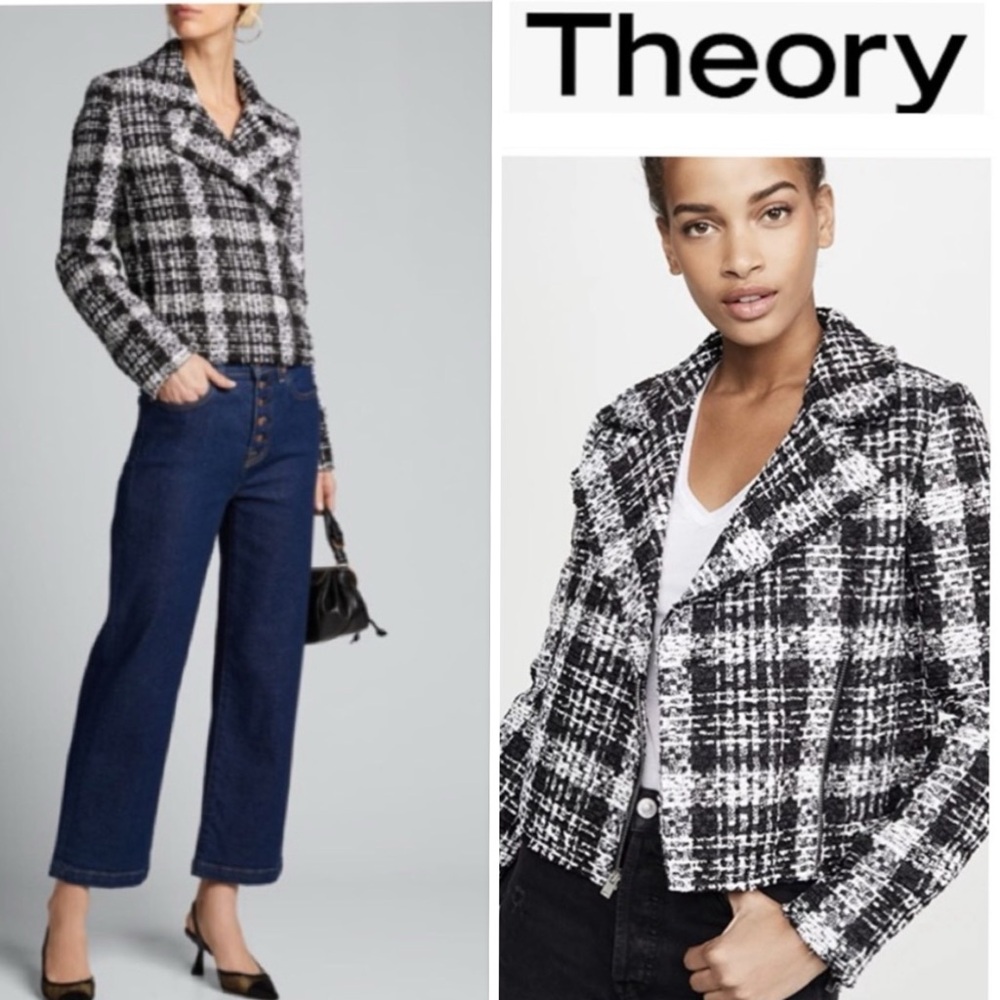 Theory Slim Moto Jacket In Rubber Plaid Tweed Jacket Blazer In Black & Whites  4